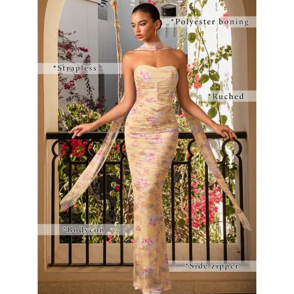Floral Mesh Corset Maxi Skirt Set Y2K Wedding Guest Prom 3 Piece - Picture 7 of 9